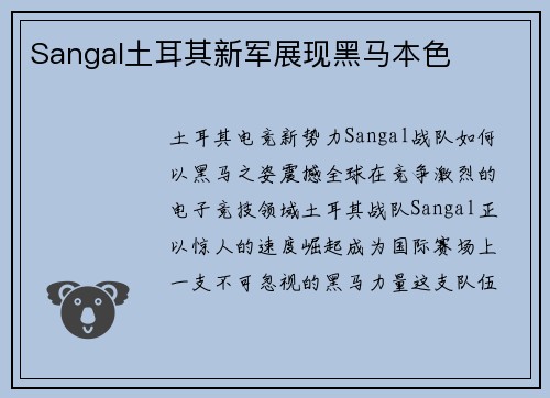Sangal土耳其新军展现黑马本色