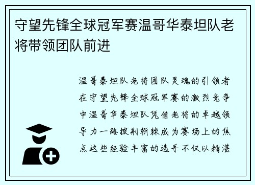 守望先锋全球冠军赛温哥华泰坦队老将带领团队前进