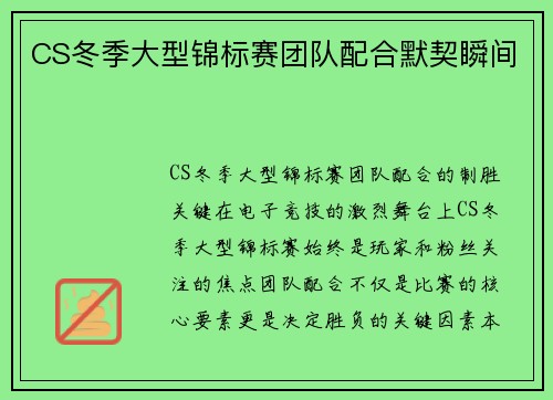 CS冬季大型锦标赛团队配合默契瞬间