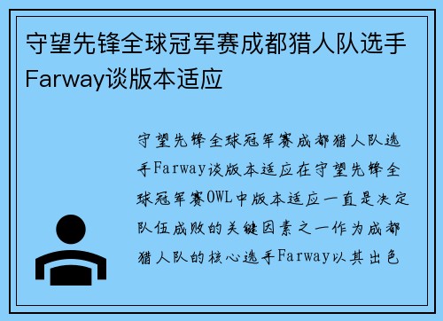 守望先锋全球冠军赛成都猎人队选手Farway谈版本适应